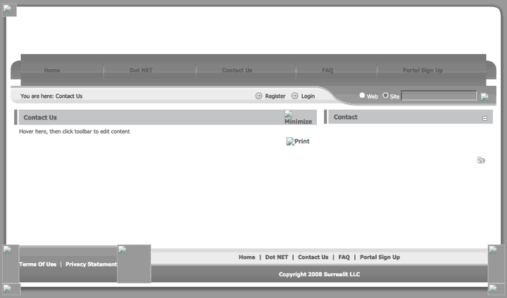 surrealit.com Contact Us page, December 2013: DotNetNuke skin, footer reads Copyright 2008 Surrealit LLC
