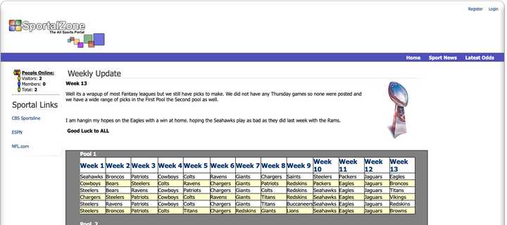 sportalzone.com home page, December 2 2007: Weekly Update for week 13, two pools of NFL picks