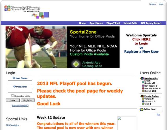 sportalzone.com home page, January 2014: Your Home for Office Pools banner, 2013 NFL Playoff pool begun, Android app coming soon