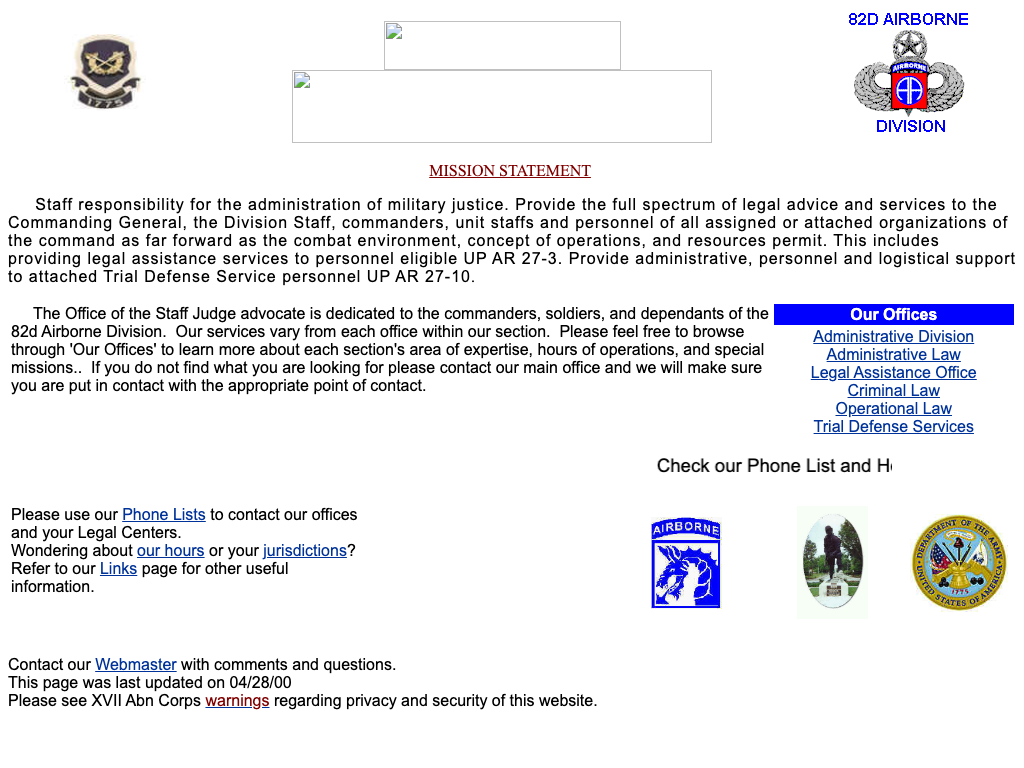 82d Airborne Division Office of the Staff Judge Advocate home page, Wayback Machine capture from September 18, 2000