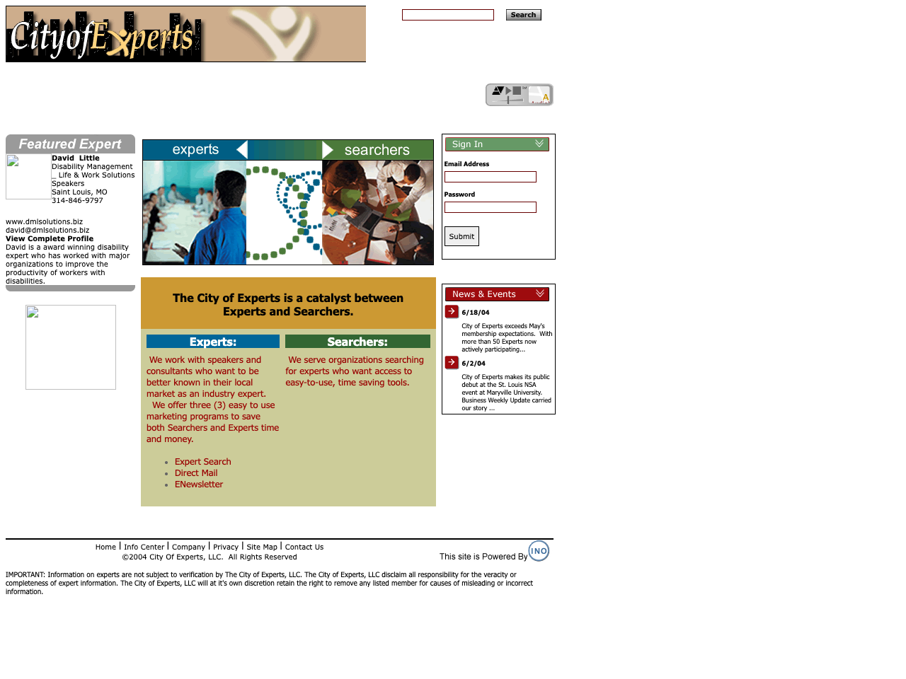 cityofexperts.com home page, September 2004: Powered By INO badge in footer