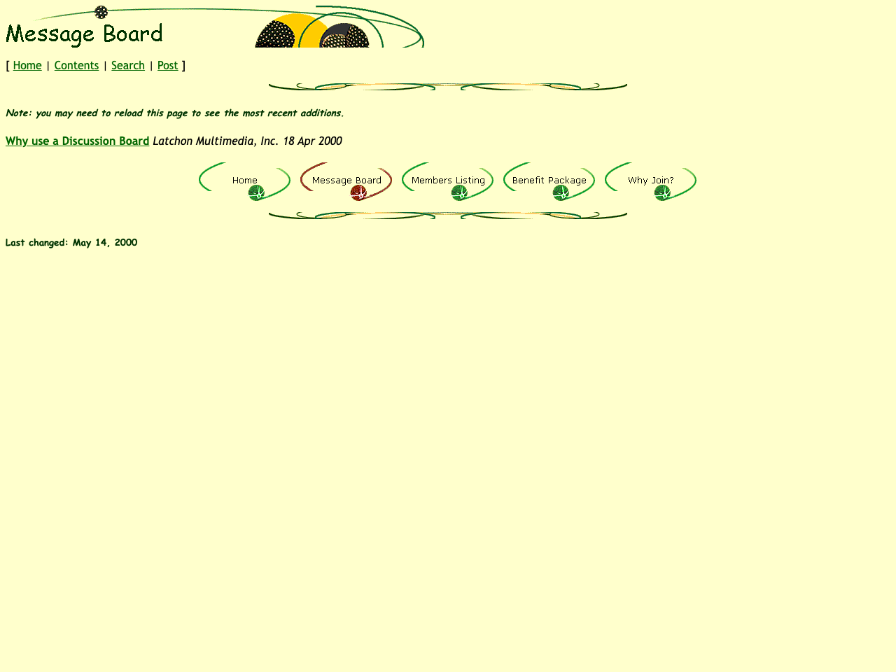 fiada.latchon.com discussion board contents page, March 2001