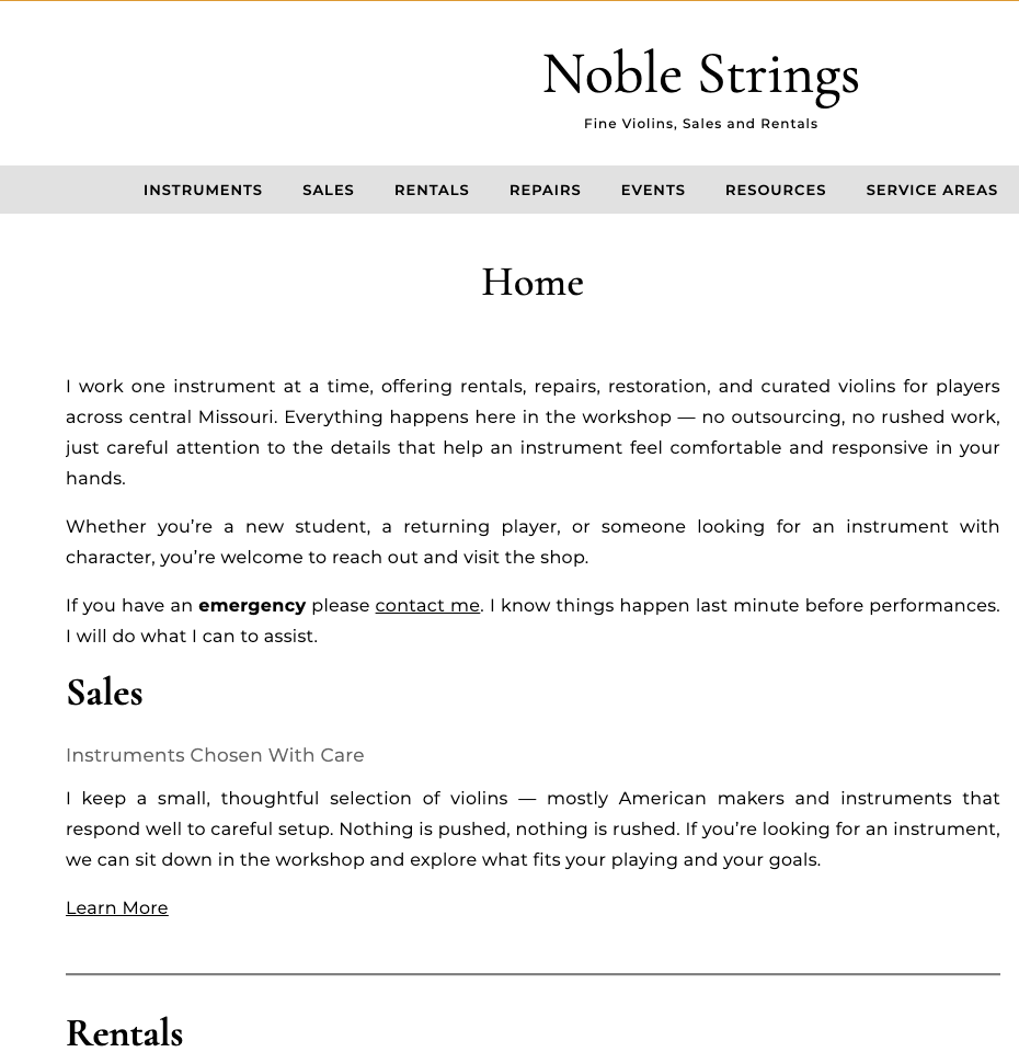 noblestrings.com home page, September 2026: Noble Strings, Fine Violins, Sales and Rentals