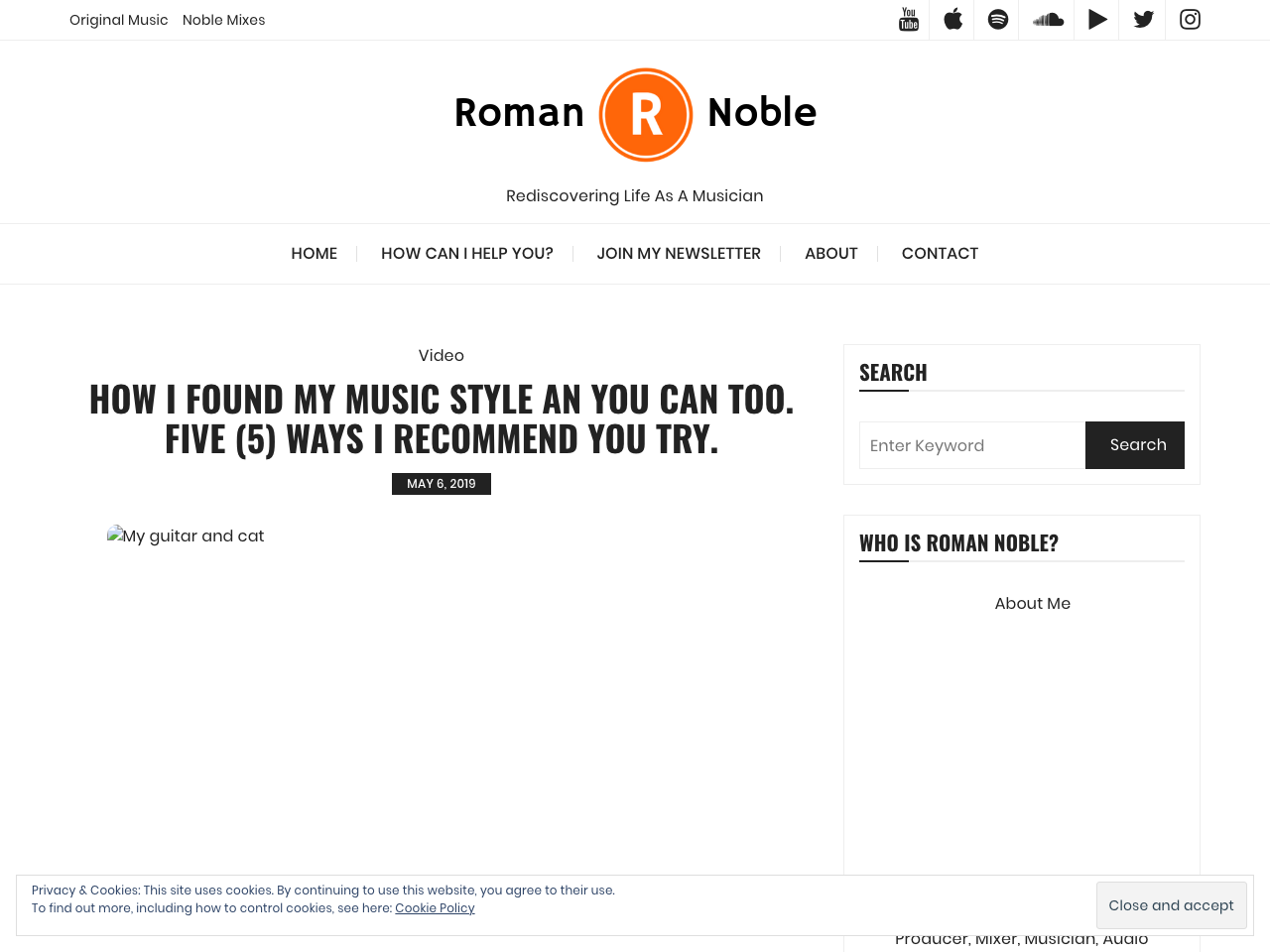 romannoble.com home page, May 2019: How I Found My Music Style post, with the Art/Life/Business menu