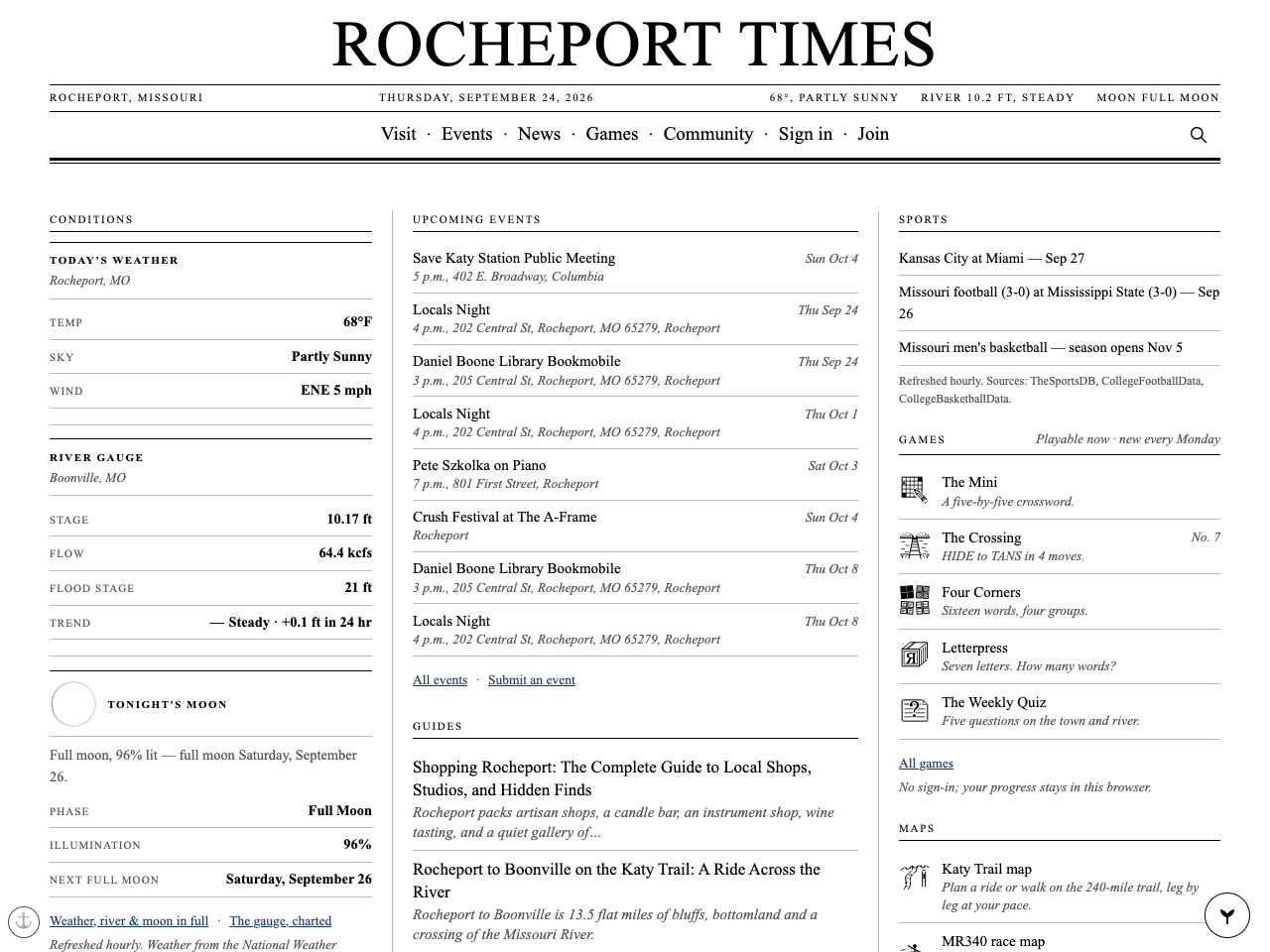 rocheporttimes.com front page, September 2026: newspaper-style masthead, conditions, river gauge, events, games
